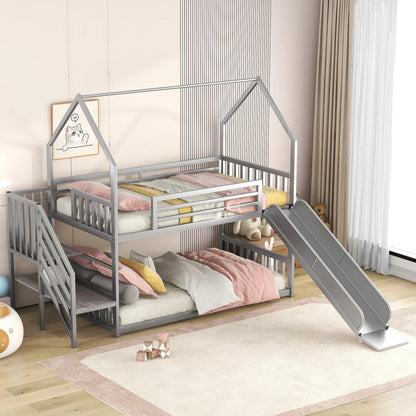 Twin Size Metal Bunk Beds House Bed with Slide and Staircase, Black Bunk Beds with Slide Bunk Beds for Kids Children's Bed Kids