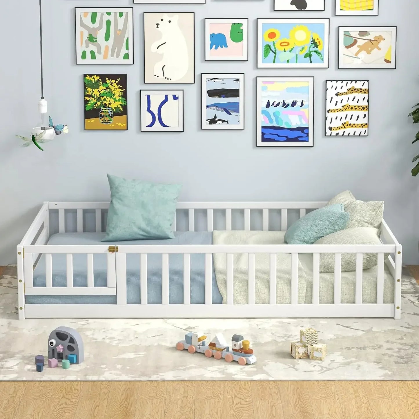 Cama de piso doble con puerta y valla, cama Montessori de madera para niños con barandillas de seguridad, estructura de cama de piso para niños, niños y niñas, sin caja