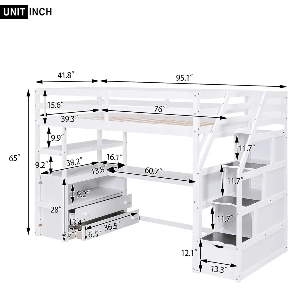 Cama tipo loft con escalera de tamaño doble, escritorio en forma de L, estantes, cajones de dos niveles y escalera de almacenamiento, camas para niños