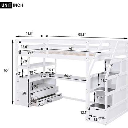 Lit mezzanine double avec escalier et bureau en L, étagères, tiroirs à deux niveaux et escalier de rangement, lits pour enfants