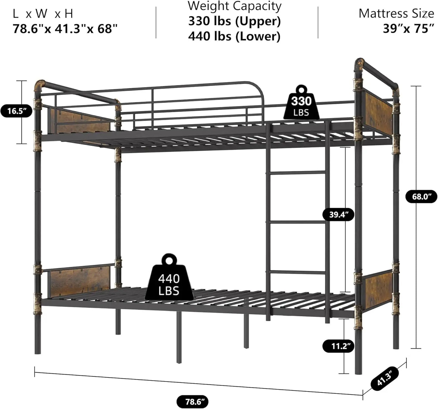 1 lit superposé en métal Twin Over Twin, lits superposés jumeaux convertibles en 2 lits jumeaux individuels pour enfants et adultes, garde-corps de 16,5 po de hauteur