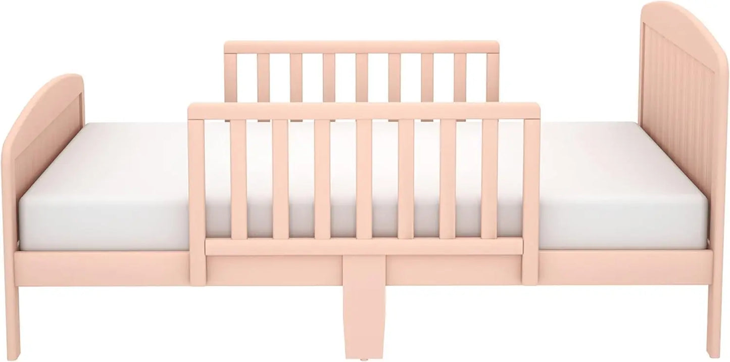 Cama para niños pequeños, cama de transición de diseño moderno de madera maciza para niños con barandillas para dormitorio infantil con 2 protectores de seguridad