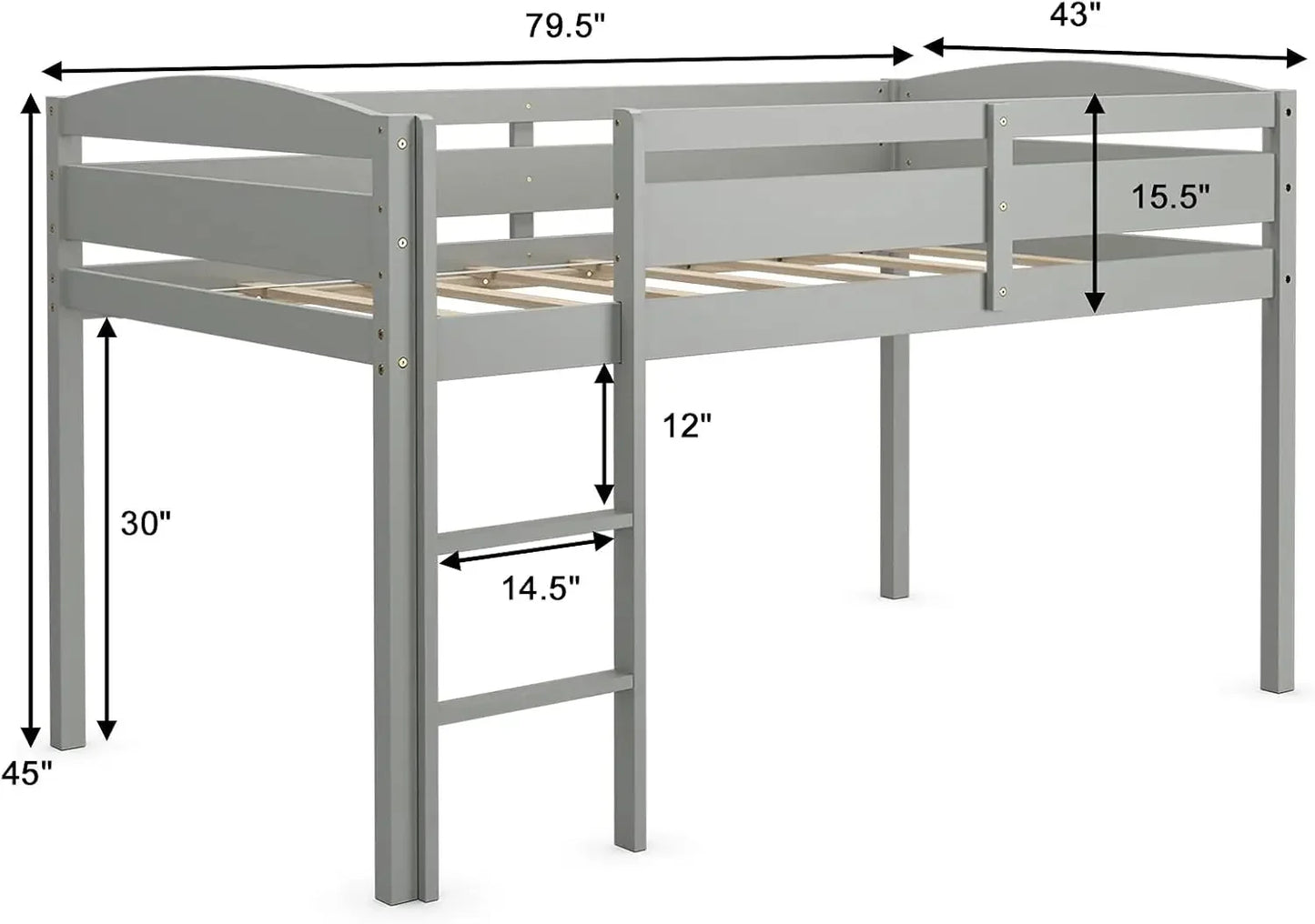 Wood Low Loft Bed w/Guard Rail and Ladder, Boys & Girls Twin Bed for Kids Room, No Box Spring Needed, Classic Children Low Loft