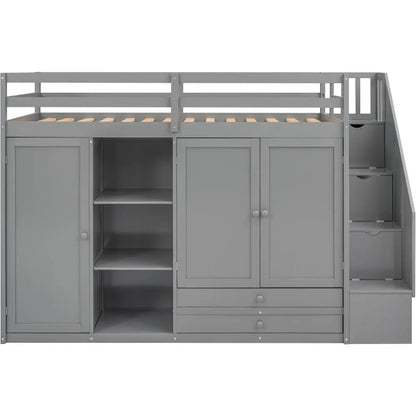 Lit mezzanine simple en bois avec escaliers, 2 tiroirs et 3 étagères, cadre de lit mezzanine haut avec armoire, pas besoin de sommier Lits pour enfants