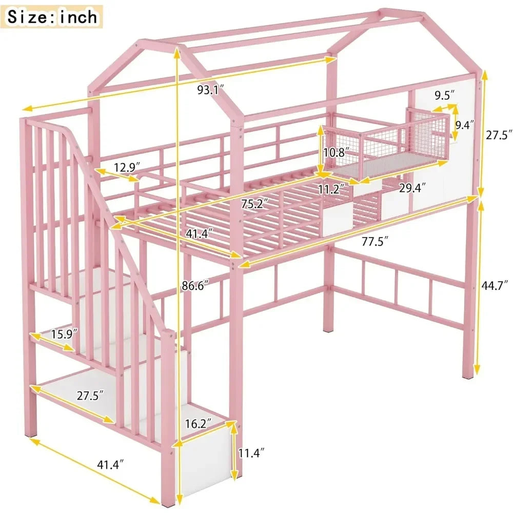 Twin Size House Loft Bed with Stairs and Storage, with Storage Box and Safety Rail Heavy-Duty Metal Princess Loft Bed Frame