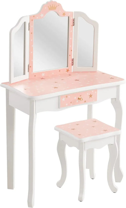 Kids Vanity Table and Chair Set, Girls Vanity Set with Stool, Tri-Folding Mirror, Makeup Dressing Princess Table with Drawer for