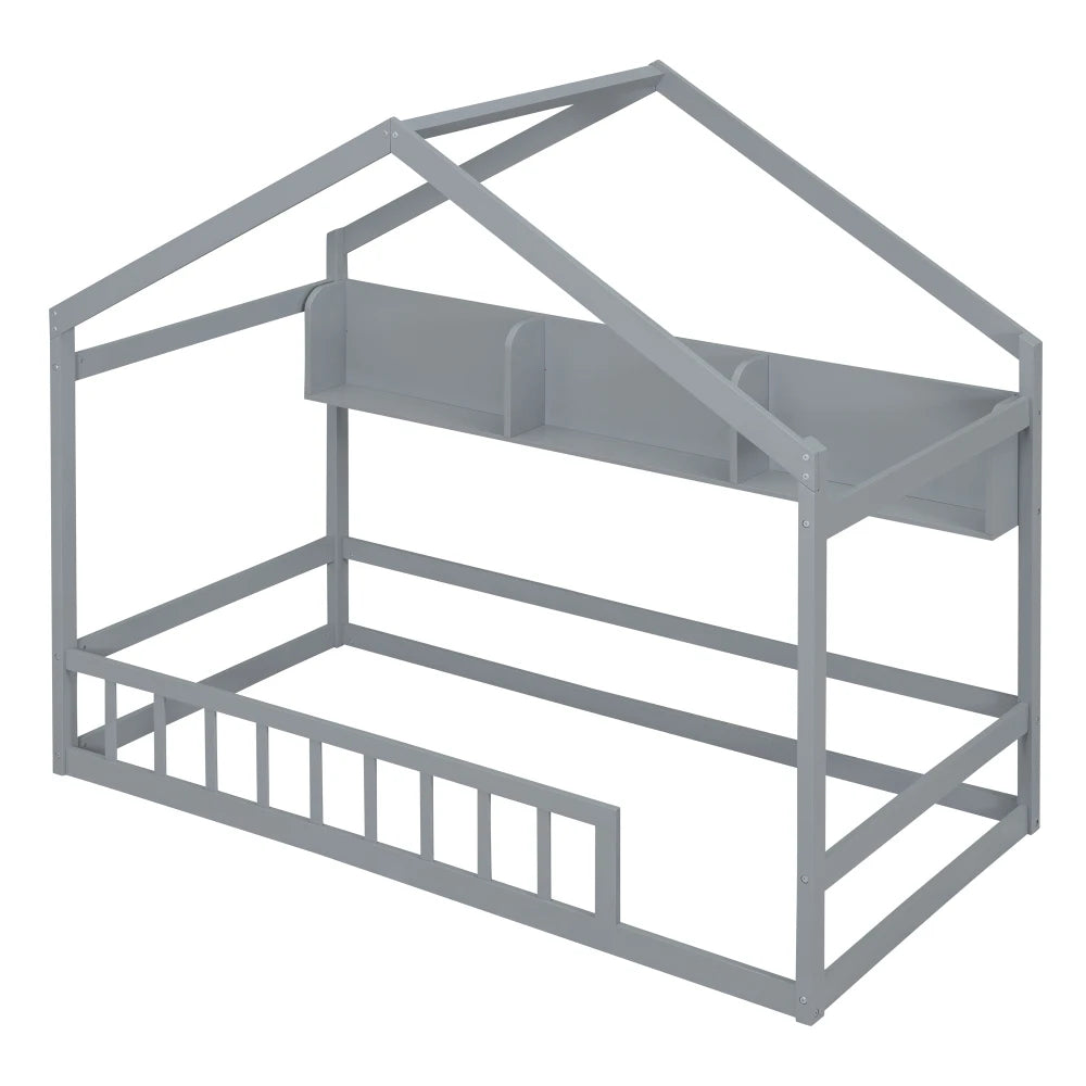 Lit cabane double en bois avec étagère de rangement, lit pour enfants avec clôture et toit, qualité supérieure, peu encombrant