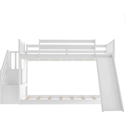 KLMM Solid Wood Low Bunk Bed for Kids Twin Over Twin Floor Bunk Bed with Slide and Stair, Stairway with Storage Shelves/Handrail