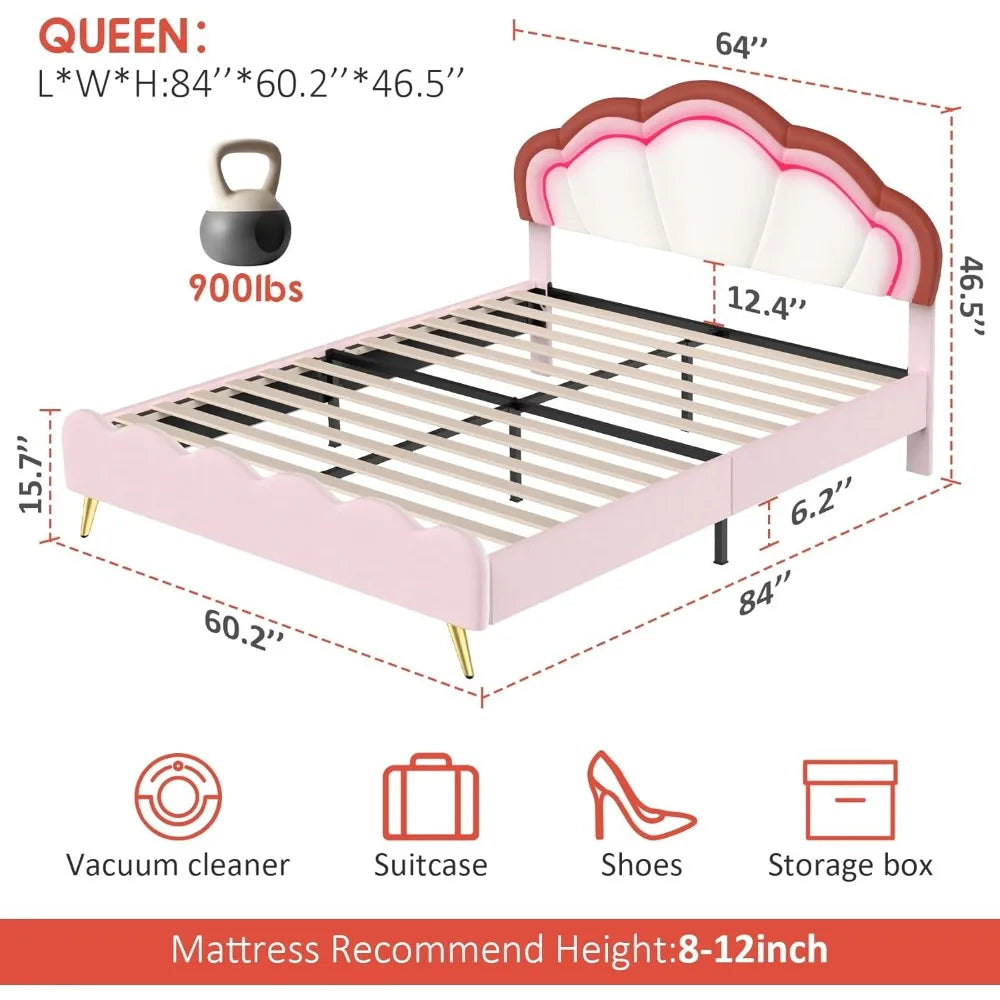 Marco de cama tapizado inteligente con LED tamaño queen y cabecera ajustable, marco de cama con plataforma rosa tamaño queen con soporte de listones de madera