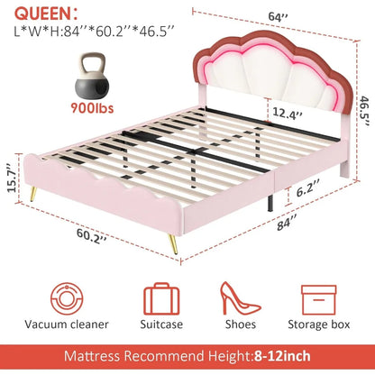 Cadre de lit à LED intelligent rembourré Queen avec tête de lit réglable, cadre de lit plateforme rose Queen Size avec support à lattes en bois