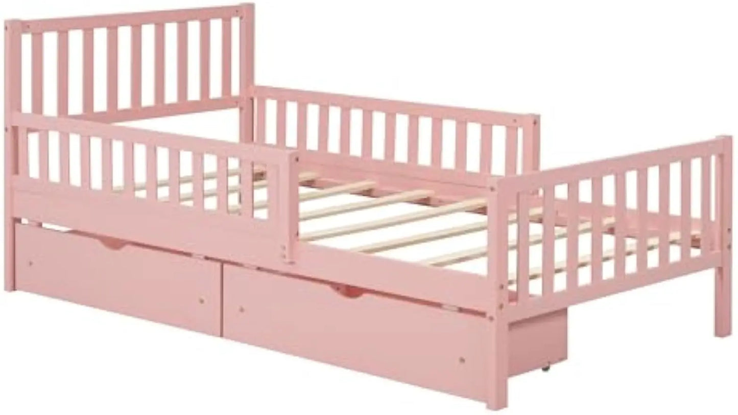 Marco de cama doble para niños, cama doble de madera con cajones de almacenamiento, cama doble con almacenamiento y barandillas en ambos lados