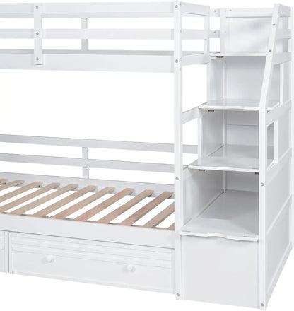 Lit superposé double avec bureau et escaliers Lit superposé polyvalent en bois avec tiroirs de rangement coulissants et étagères pour enfants et adolescents