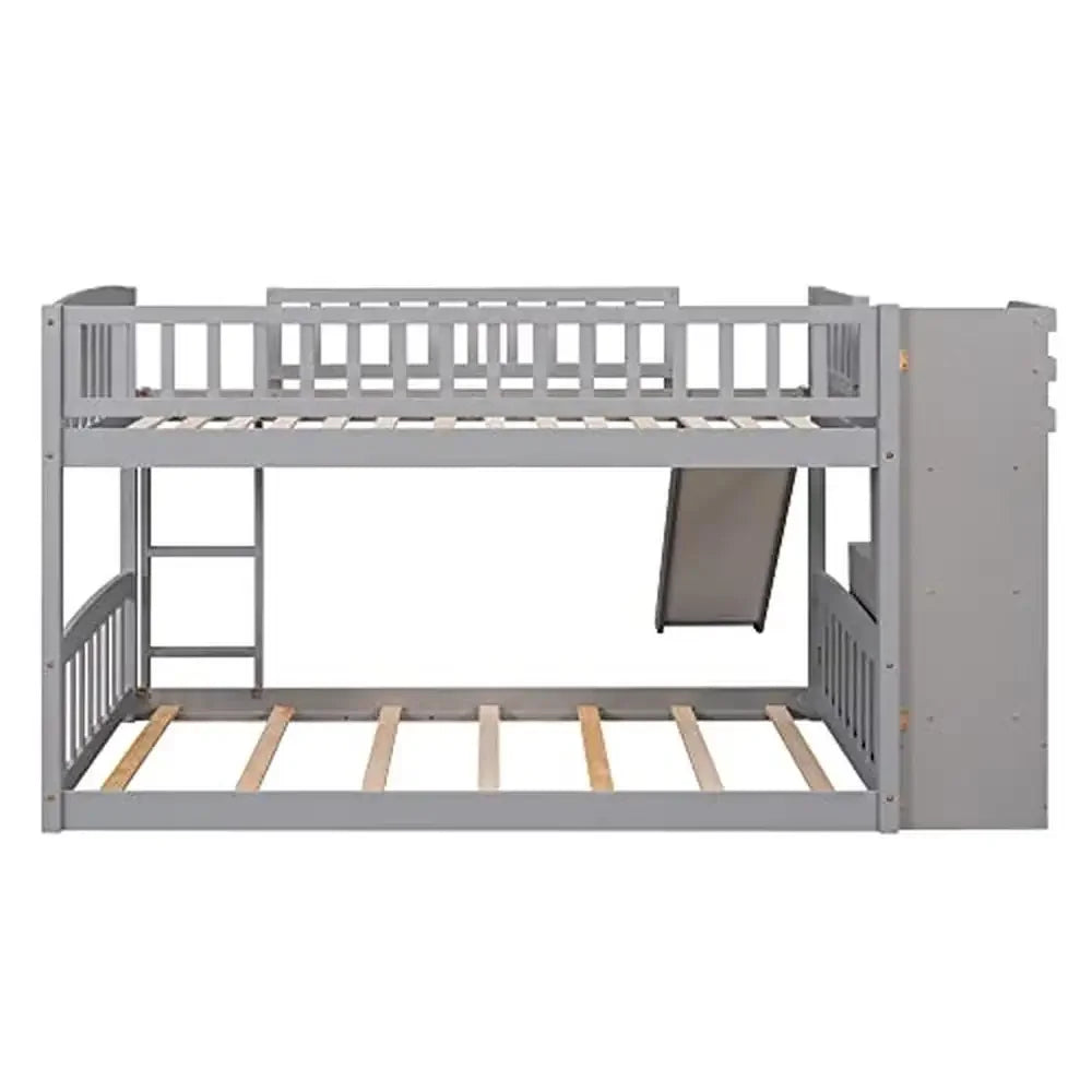 Wooden Low Bunk Bed with Slide Storage Stairs Ladder Grey Twin Over Twin Kids Furniture Modern No Box  Spindles