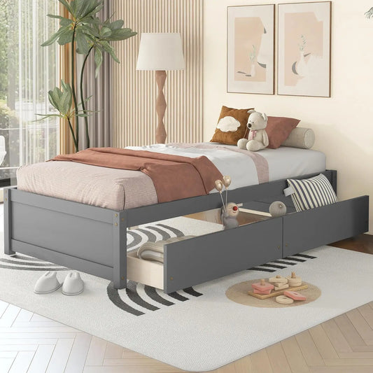 Size Bed Frame with 2 Storage Drawers,Twin Kids Bed,Solid Wood Platform Bed Twin for Kids, Teens, Adults, Grey