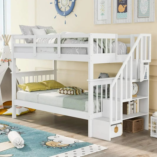 Twin Over Twin Bunk Bed with Stairs, Solid Wood Bunk Bed Frame with Storage for Kids Teens Adults Bedroom Dorm, Children Beds