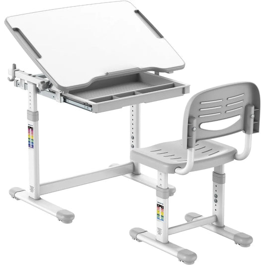 Juego de escritorio y silla para niños Mount-It!, estación de trabajo ergonómica para niños con altura ajustable y cajón de almacenamiento, color gris (gris)