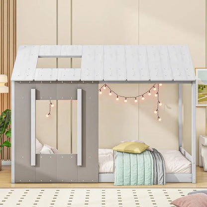 Lit double pour enfants avec cadre en bois au sol, style cottage