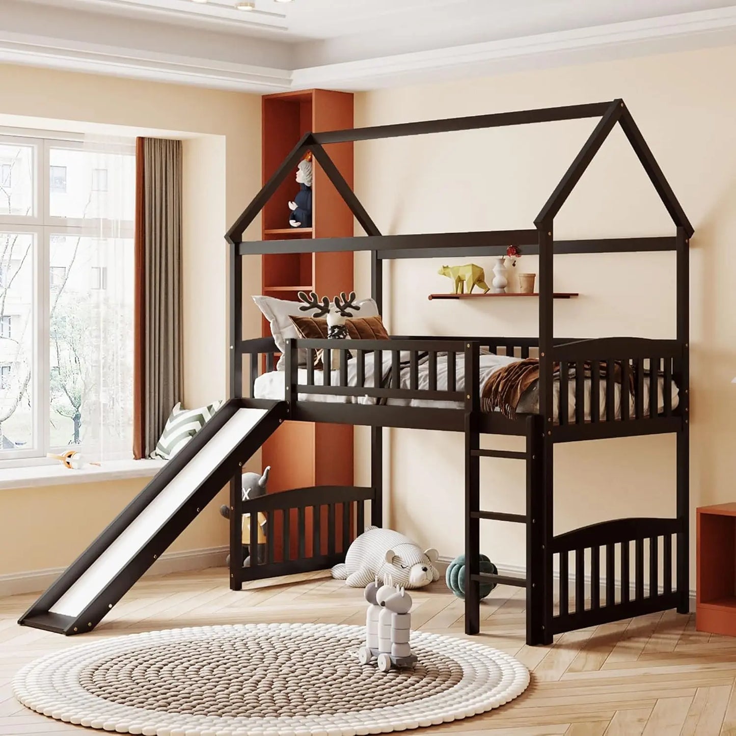 Twin Size Loft Bed with Slide, House Shaped Solid Pine Wood Frame w/Safety Guardrail & Ladder, No Box Spring Needed, Save Space