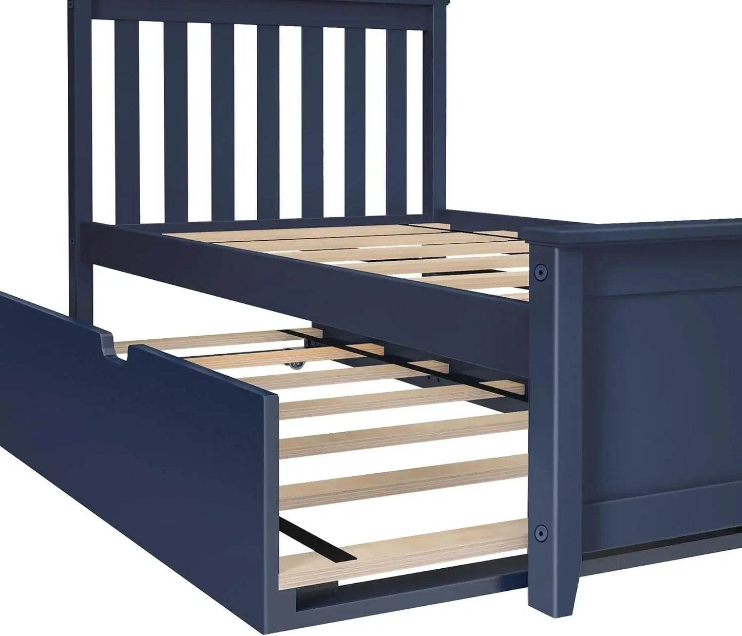 Cama individual, estructura de madera con cabecero para niños con cama nido, listones, color azul