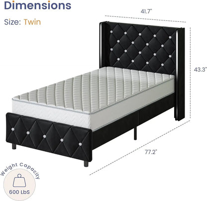 Twin Bed Frame Upholstered Bed Frame with Diamond Tufted Headboard & Footboard Twin Velvet Bed Frame for Kids Wooden Slats