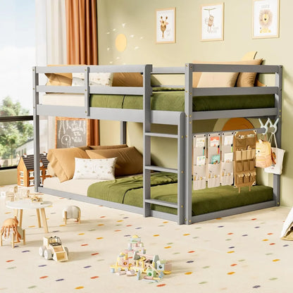 Low Bunk Bed Twin Over Twin, Floor Bunk Bed with Ladder, Twin Bunk Bed with Full Guardrails, Wooden Beds for Kids, Beds