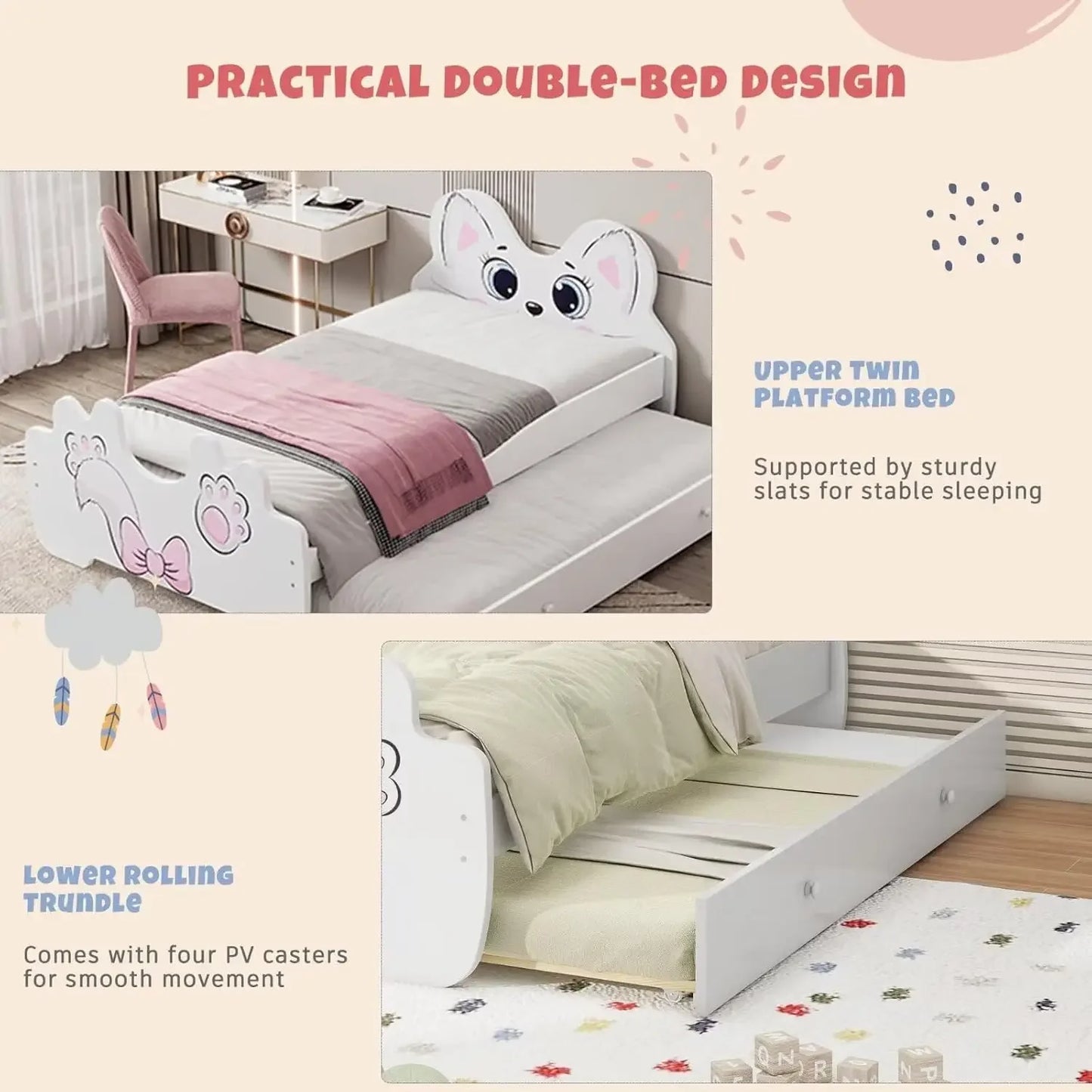 Cama nido Merax para niños con forma de gato, tamaño doble, estructura de madera, no necesita somier, color blanco