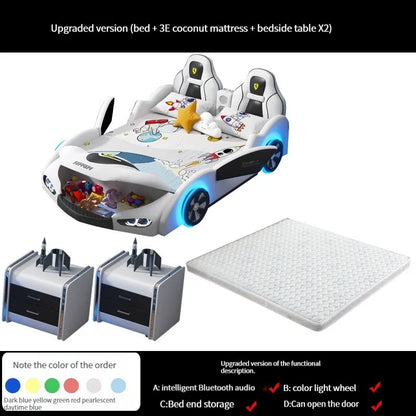 Cama infantil multifuncional con forma de coche para niños, marco de madera, dormitorio, cama versátil con dibujos animados y estilo con 2 mesitas de noche