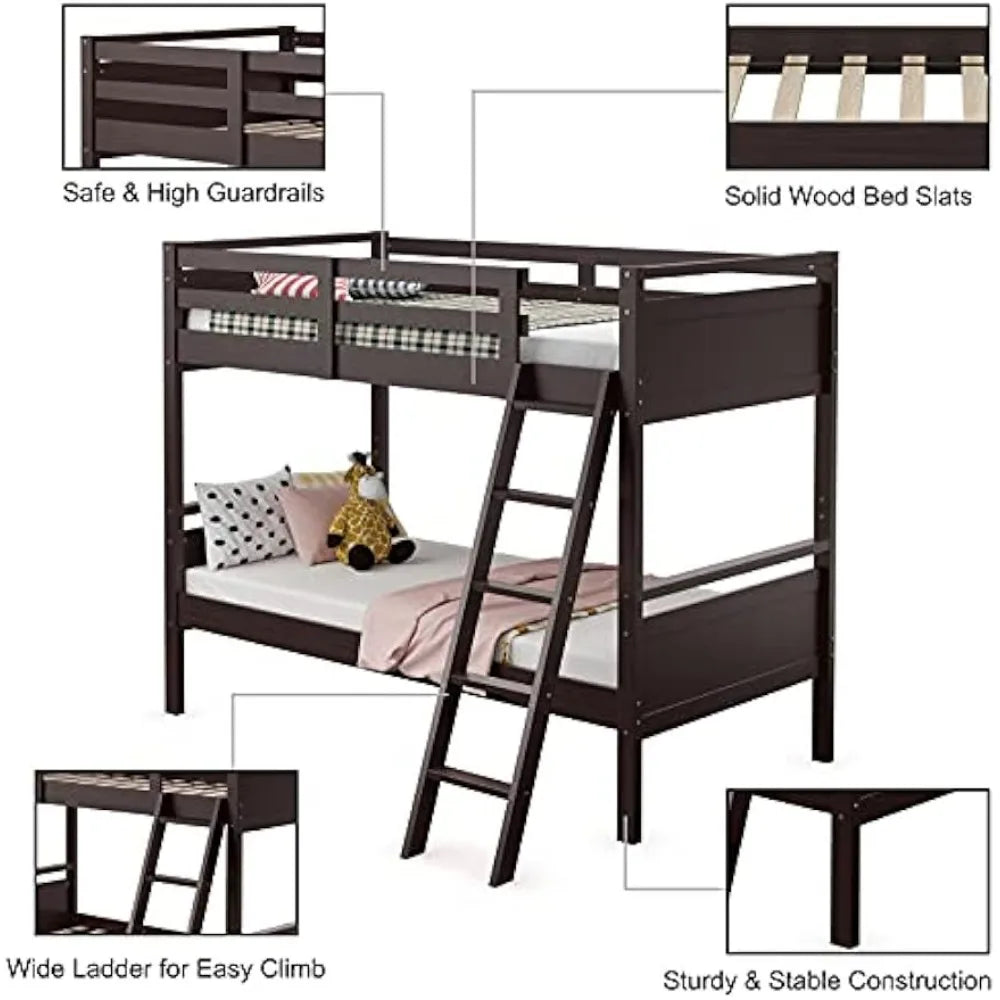 Twin Over Twin Bunk Bed,  Convertible Into Two Individual Beds, Kids Twin Bunk Bed w/Ladder & Guard Rail for Boys Girls