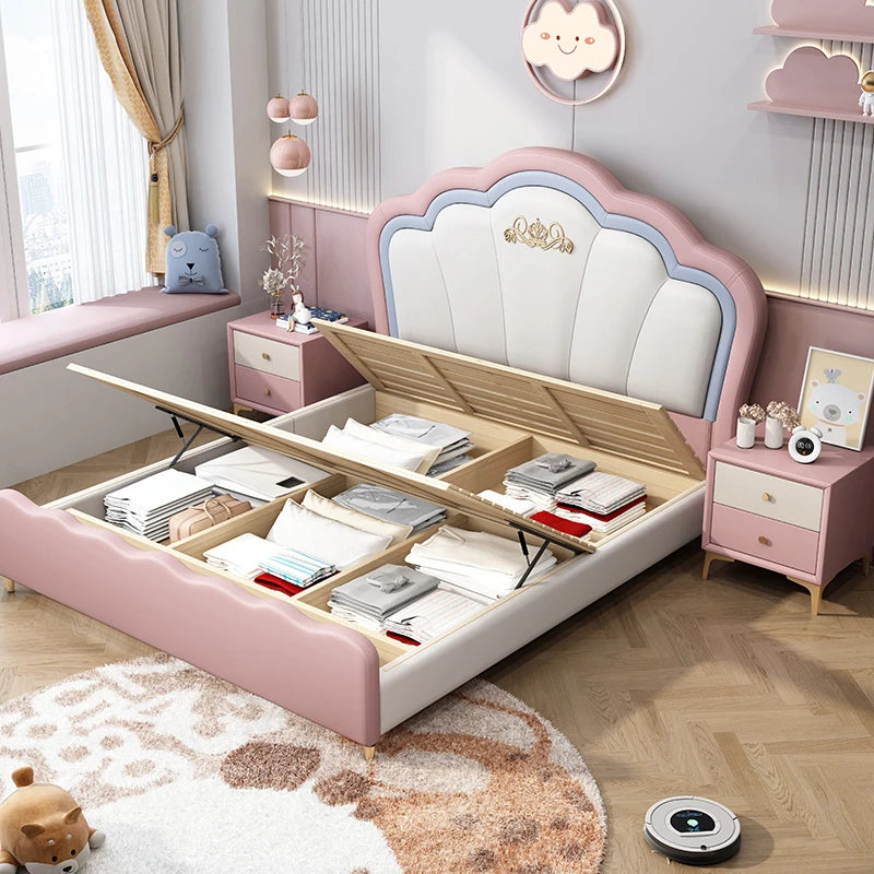 Lit pour enfants en cuir moderne pour filles, lit de luxe rose pour enfants, lit princesse en bois, ensemble de chambre à coucher pour enfants