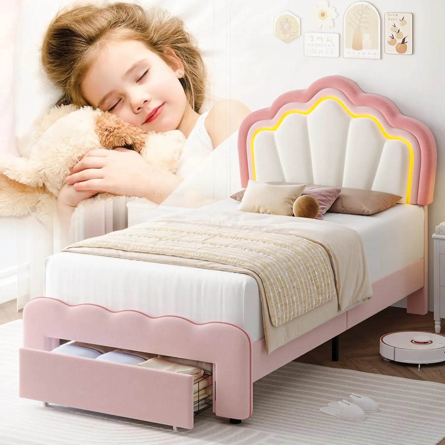 Marco de cama tapizado con luces LED y cajón de almacenamiento, linda cama para niñas con cabecero ajustable Lotus, plataforma de princesa de terciopelo