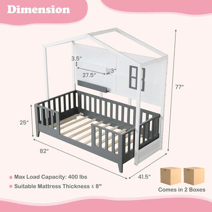 Cama doble tipo casa, estructura Montessori de madera maciza con 2 estantes de almacenamiento, valla y techo, cama baja individual para niños, no necesita somier