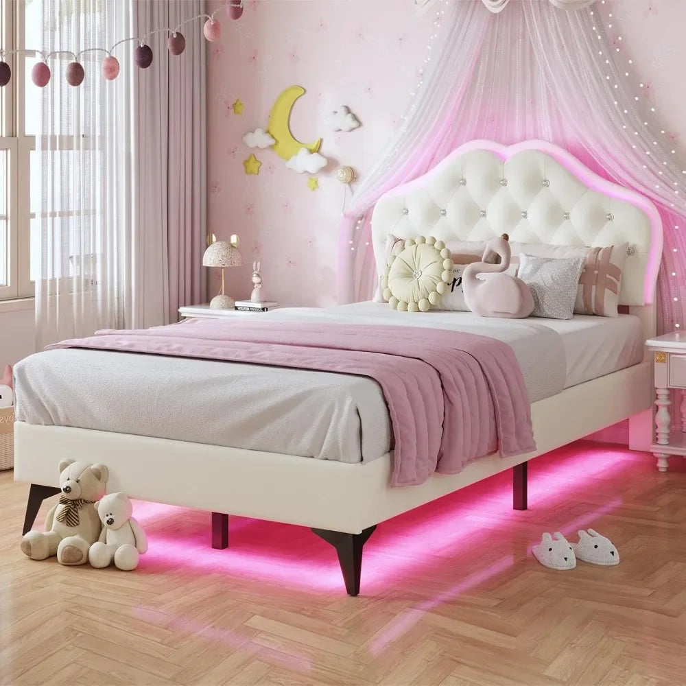 Marco de cama tapizado tamaño twin con luces LED, cabecero ajustable con botón de cristal, cama de plataforma princesa para niñas