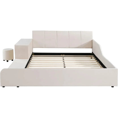 Velvet Upholstered Grounded Bed Platform Bed, Wooden Queen Size Mother & Child Bed Frame with Bedside