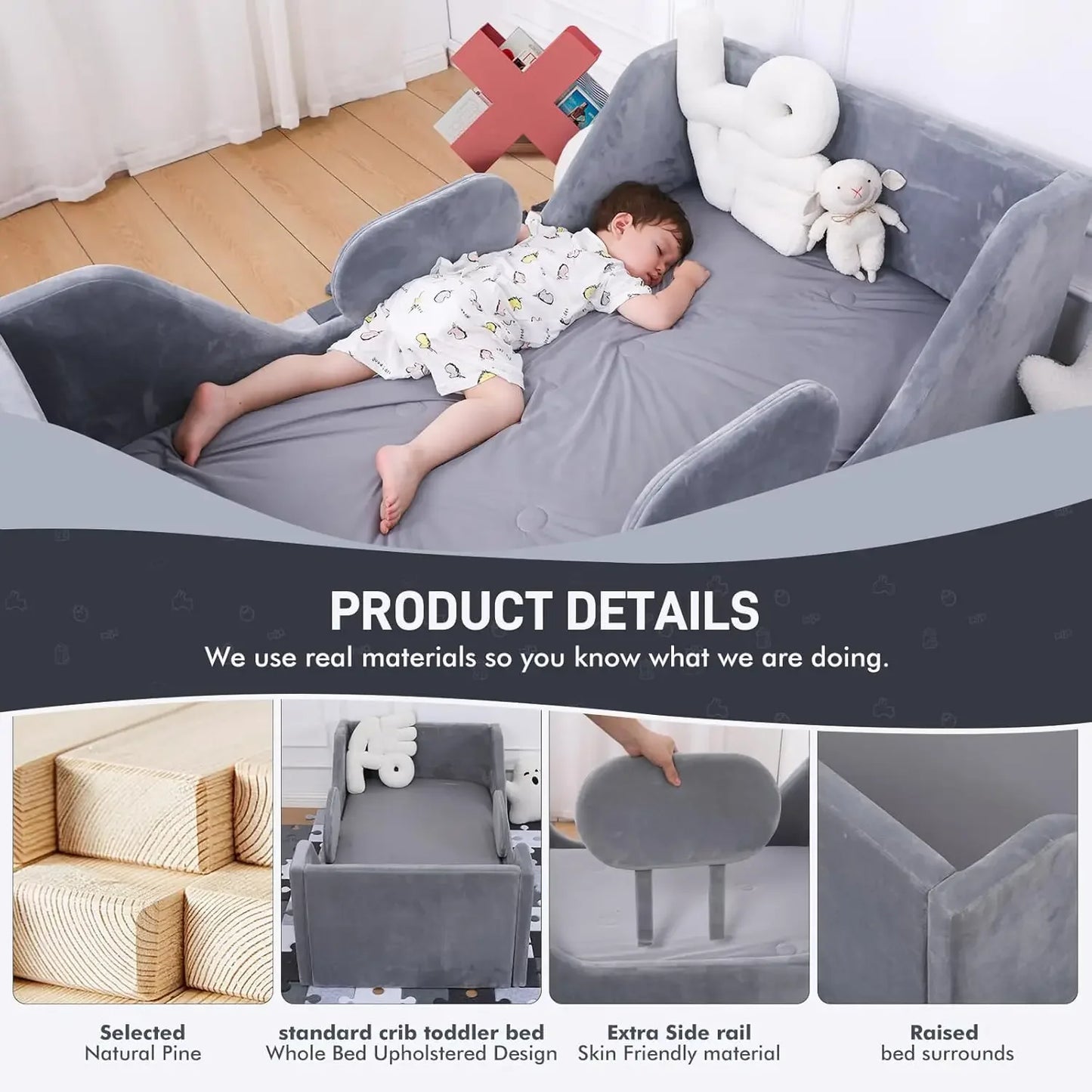 Cama para niños pequeños, cama para niños con ancho extra de seguridad, cama para niños pequeños de tamaño cuna estándar, camas para niños pequeños de tela certificadas, cama para niños pequeños