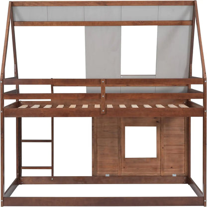 Lit superposé double en bois en forme de maison avec toit, échelle et 2 fenêtres pour enfants, adolescents, filles et garçons, chêne et gris fumé