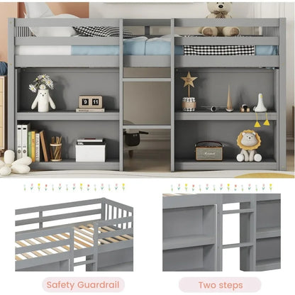 Twin Size Low Loft Bed with Storage Shelves,with LED Light and Shelves, Strong Wood Slats Support Wood Kids Twin Loft Bed