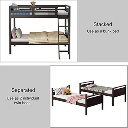 Twin Over Twin Bunk Bed,  Convertible Into Two Individual Beds, Kids Twin Bunk Bed w/Ladder & Guard Rail for Boys Girls