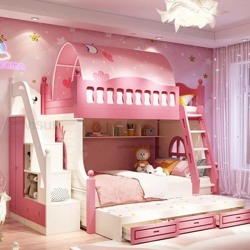 Loft Bed With Drawers Creative And Lovely Pink Two-Story Furniture For Girls From 5 To 8 Years Old Fashion Hot Sale Kids Beds