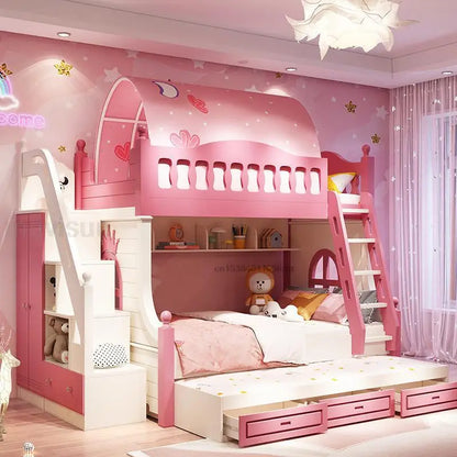 Lit mezzanine avec tiroirs Meubles créatifs et charmants à deux étages roses pour filles de 5 à 8 ans Lits pour enfants à la mode en solde