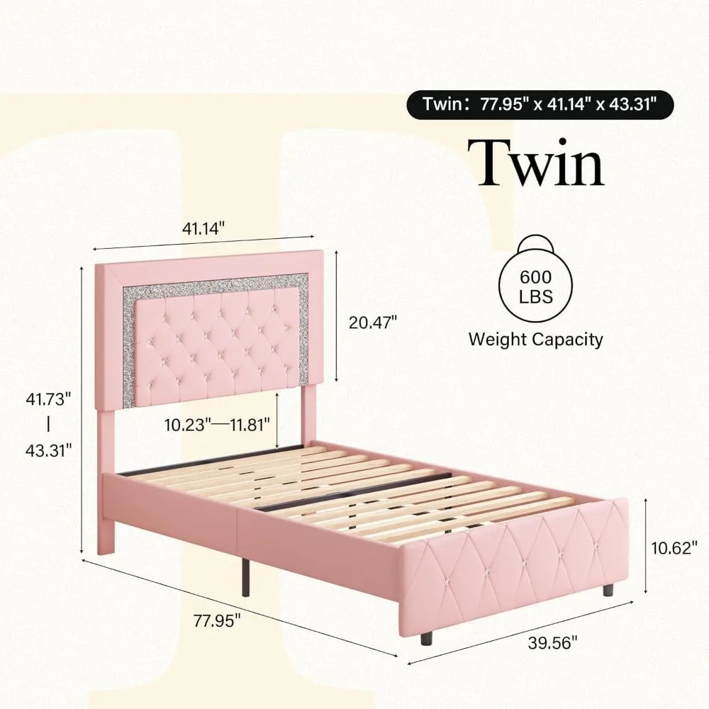 Twin Bed Frame, Pink Upholstered Bed Frame Twin Size with Diamond Tufted Headboard, Girls Twin Bed Frame