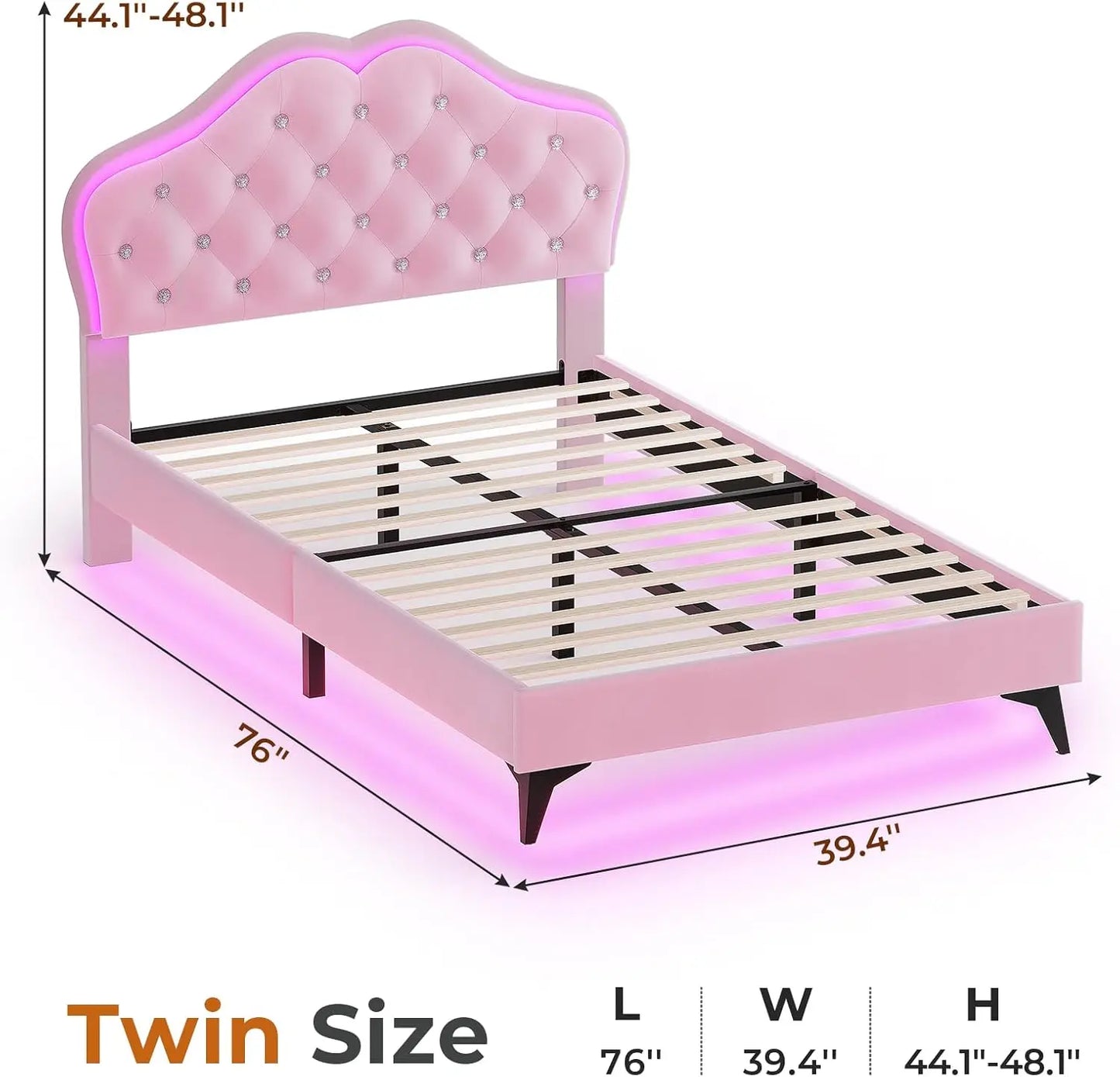 Twin Size Upholstered LED Bed Frame, Girls Twin Bed Frame with Adjustable Crystal Button Headboard, Velvet Princess Platform Bed