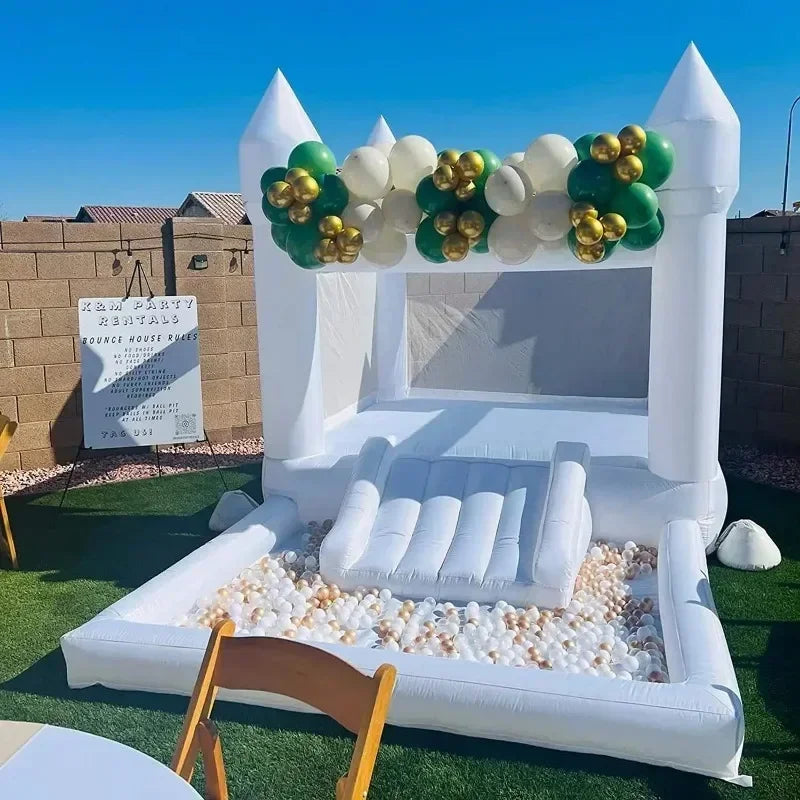 Castillo inflable blanco para niños con soplador, trampolín, tobogán, piscina de bolas, parque para fiestas de bodas, alquiler para eventos, juguete para niños, cama de salto