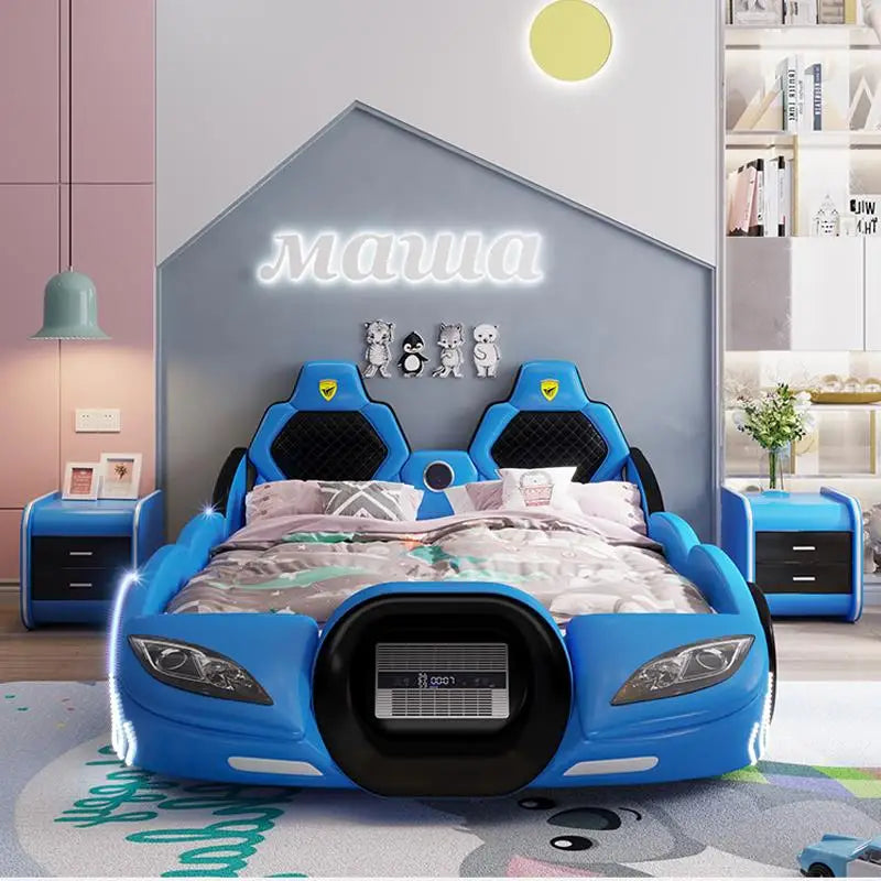 Preciosa cama infantil multicolor con barandilla, muebles de dormitorio de madera maciza, bonita cama infantil con forma de coche para niños y niñas