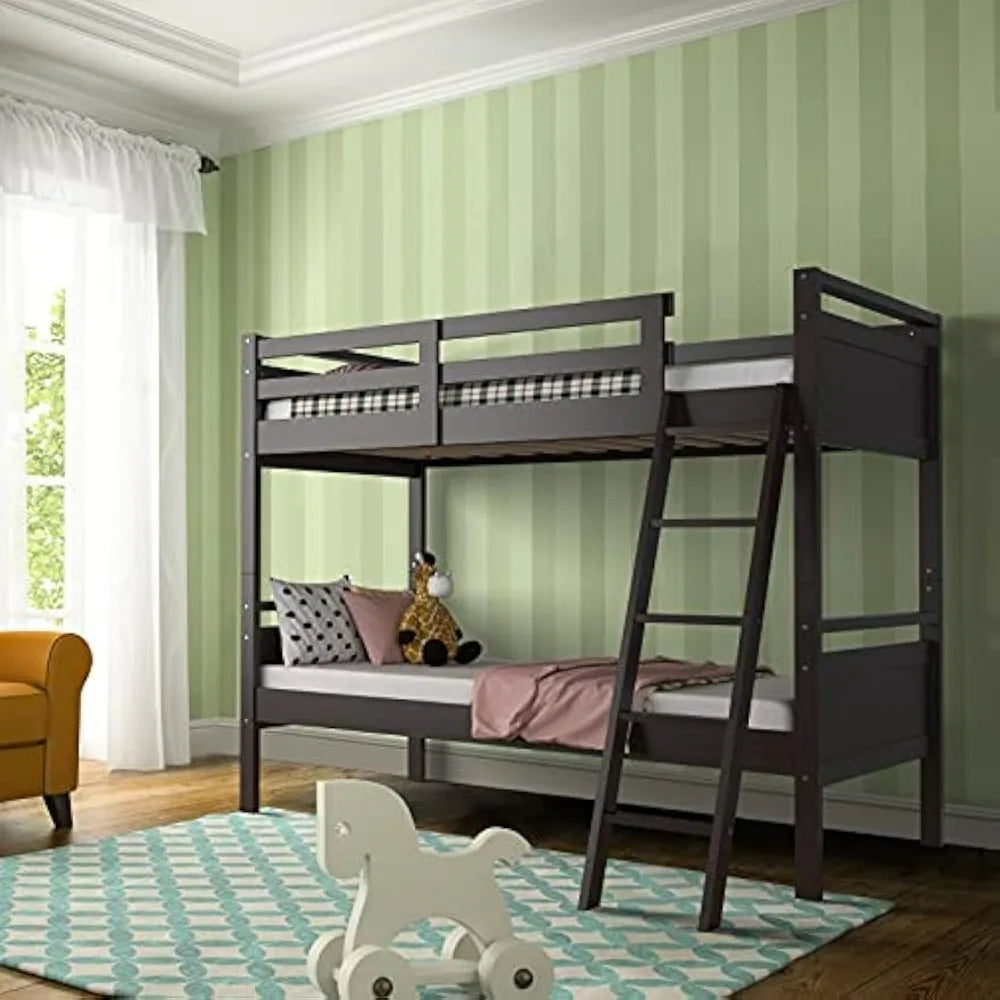 Twin Over Twin Bunk Bed,  Convertible Into Two Individual Beds, Kids Twin Bunk Bed w/Ladder & Guard Rail for Boys Girls