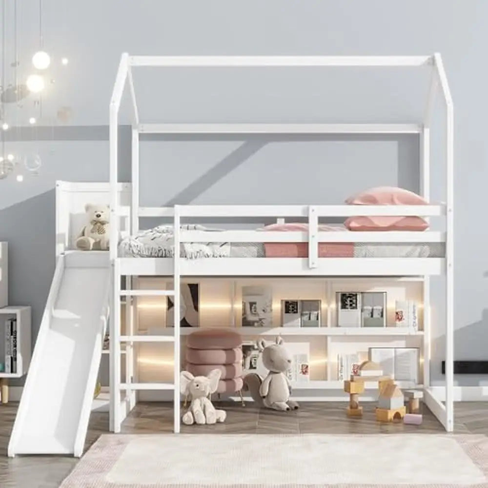 Kids Twin House Loft Bed with Slide Storage Shelves and LED Light Wood Low Loft Bed Guardrail Ladder Playhouse Creative Design