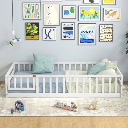 Cama de piso doble con puerta y valla, cama Montessori de madera para niños con barandillas de seguridad, estructura de cama de piso para niños, niños y niñas