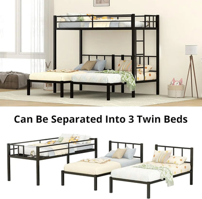 Triple Bunk Bed, Metal Twin Over Twin & Twin Bunk Beds for 3 with Guardrails, Ladder & Upper-Bed Platform, Detachable 3 Bunk Bed