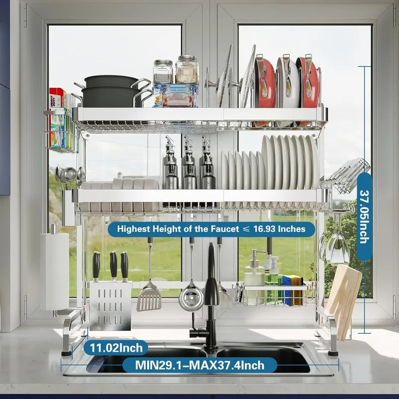 Over The Sink Dish Drying Rack, 3-Tier Drying Drainer Rack Over Sink Stainless Steel Adjustable (29.1''~37.4'')