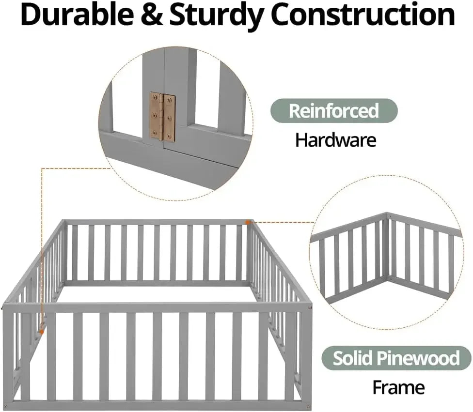 Size Montessori Floor Bed, Multifunctional Wood Bed Frame with Fence & Door for Children Boys Girls Bedroom Living Room, Without