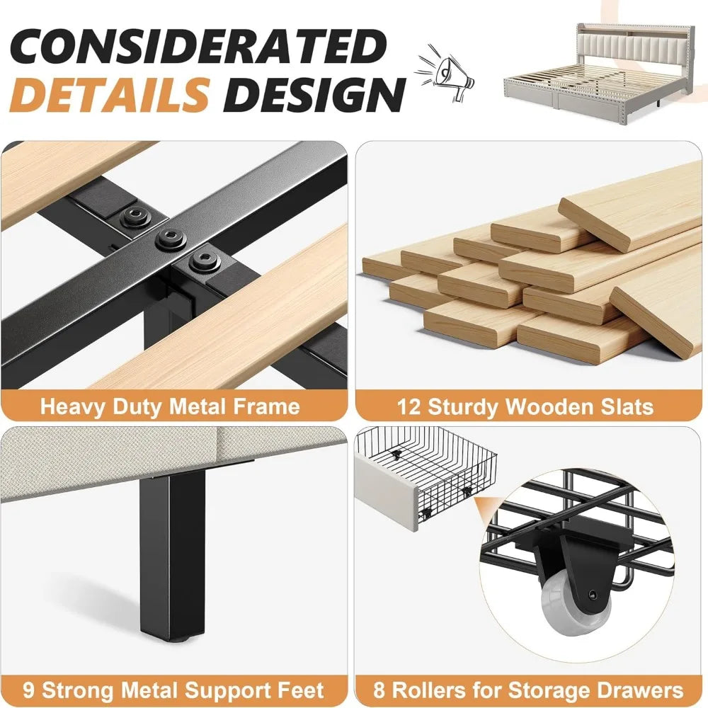 Estructura de cama king size con espacio de almacenamiento y cabecero, estructura de cama king size con 2 cajones, silenciosa y sin necesidad de somier